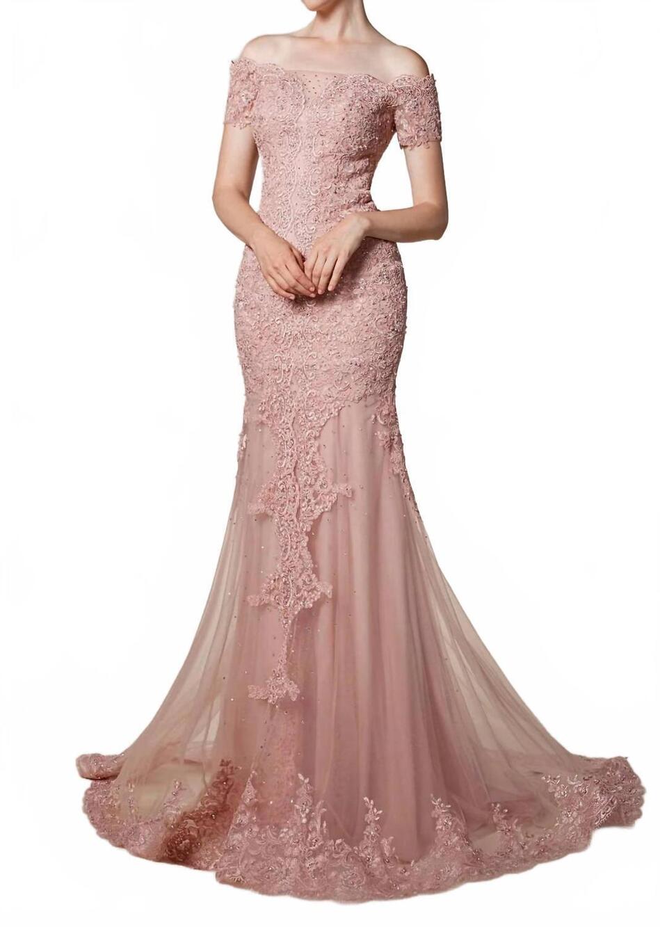 NEW ANDREA & LEO COUTURE off-the-shoulder fit & flare evening gown in dusty rose